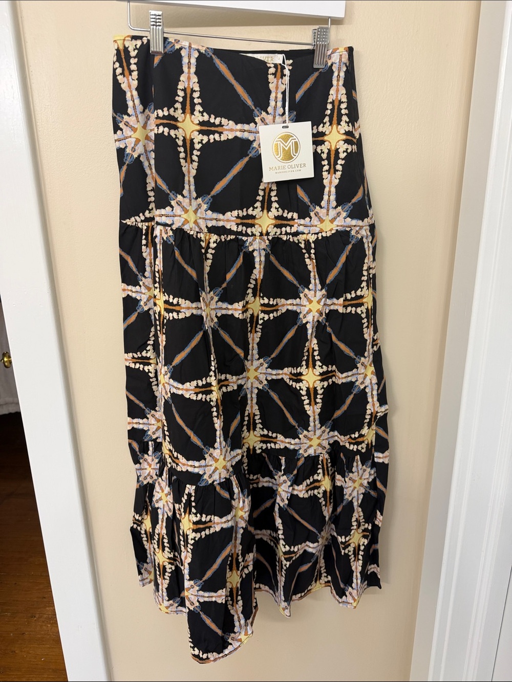 Marie Oliver Black Geometric Tiered Maxi Skirt with Cream and Yellow Accents
